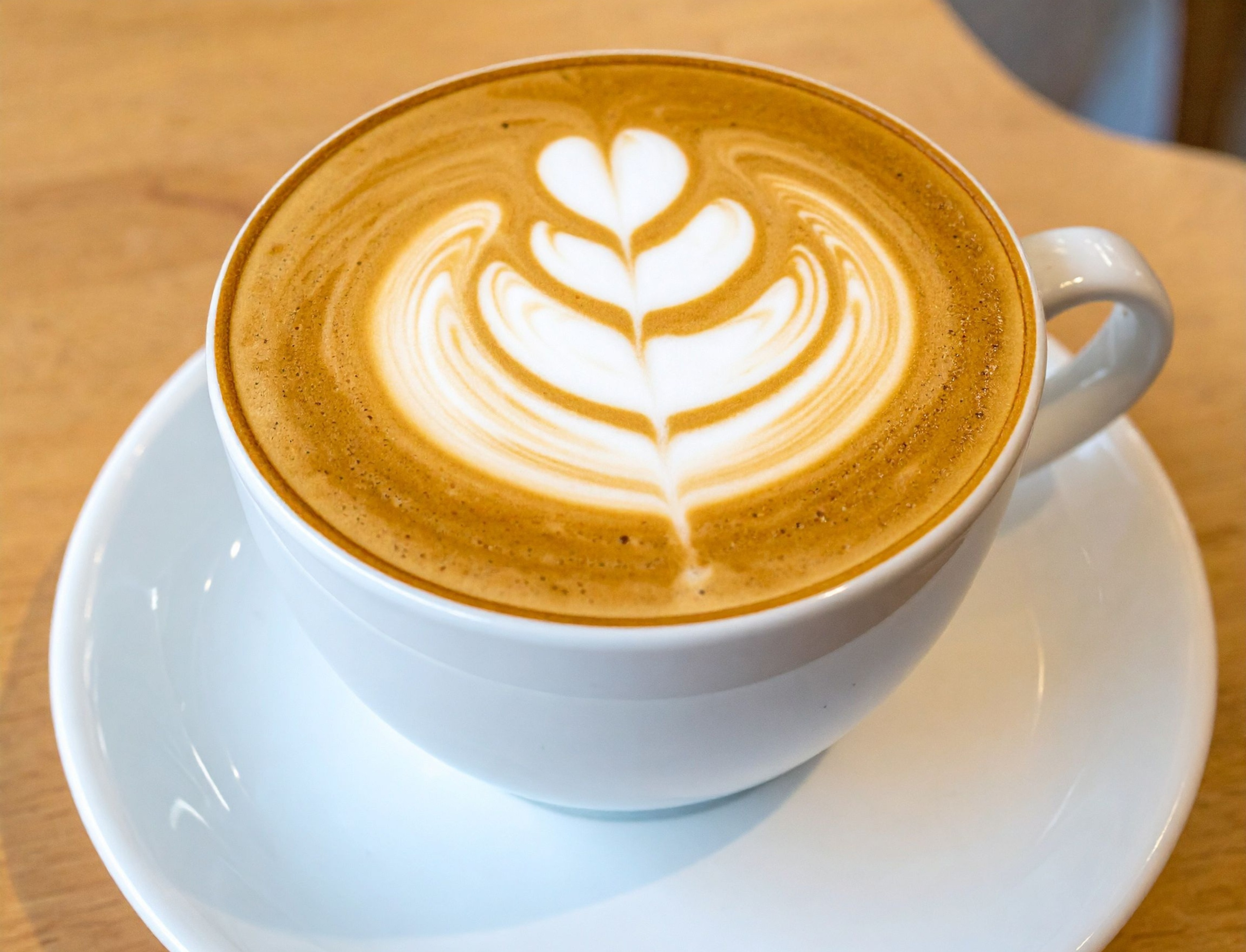 Latte con arte en una taza de cerámica sobre mesa.